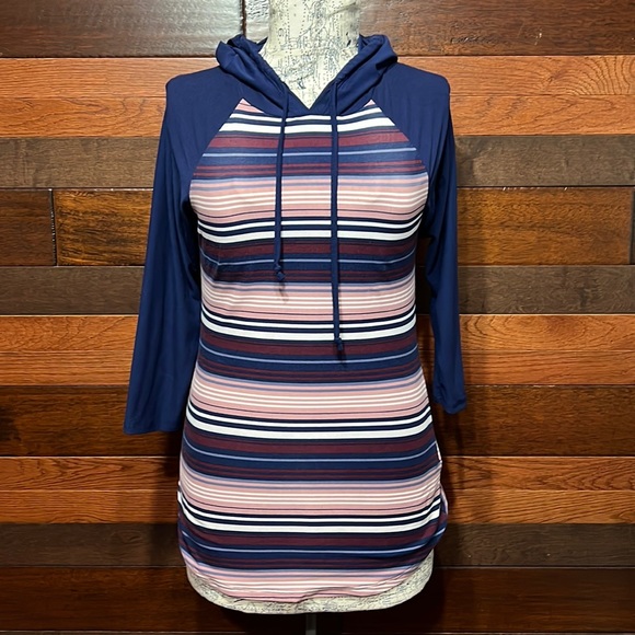 Ultra Flirt Tops - Ultra Flirt Crew Neck 3/4 Sleeve Striped Tee Shirt Hoodie